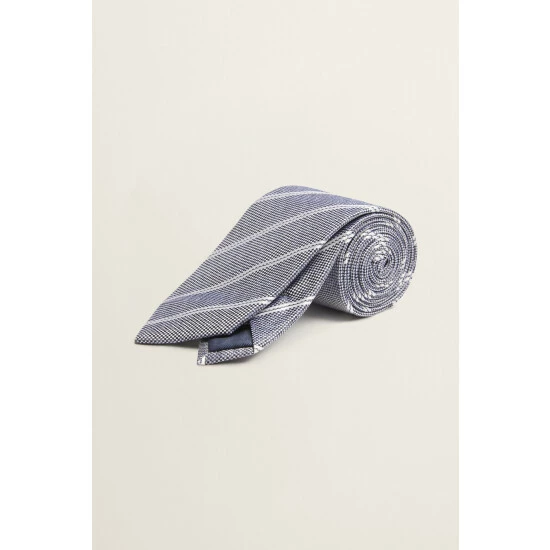 Moss Bros Moss Silver/Blue With White Stripe Silk Tie 1 Moss Bros Moss Silver/Blue With White Stripe Silk Tie