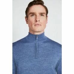 Moss Bros Moss Blue Fog Merino Blend Zip Neck Jumper -Moss Bros shop unnamed file 1168