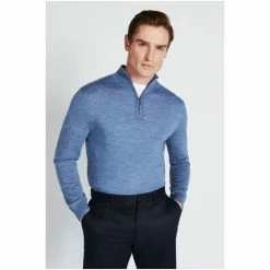 Moss Bros Moss Blue Fog Merino Blend Zip Neck Jumper -Moss Bros shop unnamed file 1169