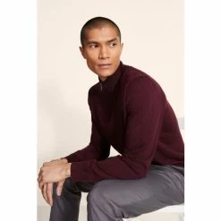Moss Bros Moss Burgundy Red Merino Zip Neck Jumper