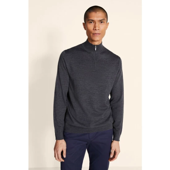 Moss Bros Moss Charcoal Merino Zip Neck Jumper 2 Moss Bros Moss Charcoal Merino Zip Neck Jumper - Image 2