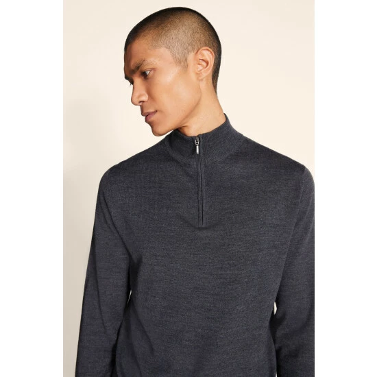 Moss Bros Moss Charcoal Merino Zip Neck Jumper 4 Moss Bros Moss Charcoal Merino Zip Neck Jumper - Image 4