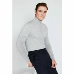 Moss Bros Moss Grey Melange Merino Zip-Neck Jumper