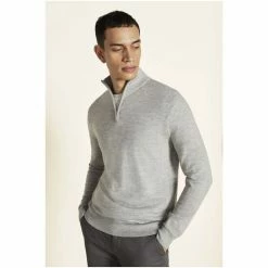 Moss Bros Moss Grey Melange Merino Zip-Neck Jumper -Moss Bros shop unnamed file 1213