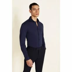 Moss Bros Moss Slim Fit Navy Comfort Stretch Single Cuff Shirt