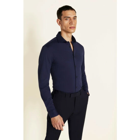 Moss Bros Moss Slim Fit Navy Comfort Stretch Single Cuff Shirt 1 Moss Bros Moss Slim Fit Navy Comfort Stretch Single Cuff Shirt