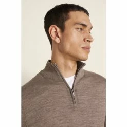 Moss Bros Moss Latte Merino-Blend Zip-Neck Jumper -Moss Bros shop unnamed file 1242