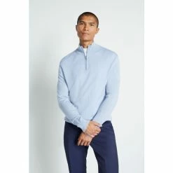 Moss Bros Moss Duck Egg Blue Merino Zip-Neck Jumper