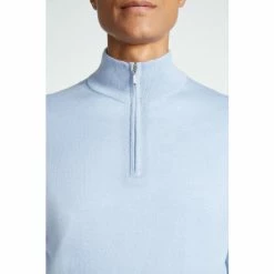 Moss Bros Moss Duck Egg Blue Merino Zip-Neck Jumper -Moss Bros shop unnamed file 1253
