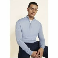 Moss Bros Moss Duck Egg Blue Merino Zip-Neck Jumper -Moss Bros shop unnamed file 1255