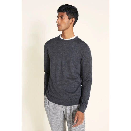 Moss Bros Moss Charcoal Merino Blend Crew-Neck Jumper 5 Moss Bros Moss Charcoal Merino Blend Crew-Neck Jumper - Image 5