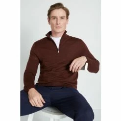 Moss Bros Red Wine Merino Zip Neck Jumper