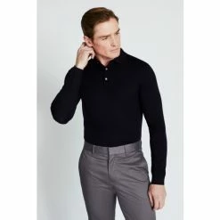 Alternative view of Moss Bros Moss Navy Merino Blend Long-Sleeve Polo Shirt