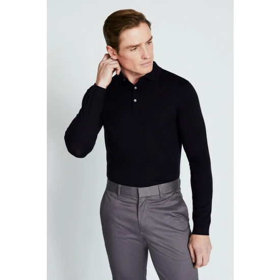 Moss Bros Moss Navy Merino Blend Long-Sleeve Polo Shirt 2 Moss Bros Moss Navy Merino Blend Long-Sleeve Polo Shirt - Image 2