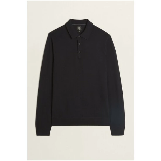 Moss Bros Moss Navy Merino Blend Long-Sleeve Polo Shirt 6 Moss Bros Moss Navy Merino Blend Long-Sleeve Polo Shirt - Image 6