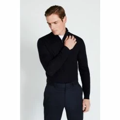 Moss Bros Moss Navy Merino Zip Neck Jumper