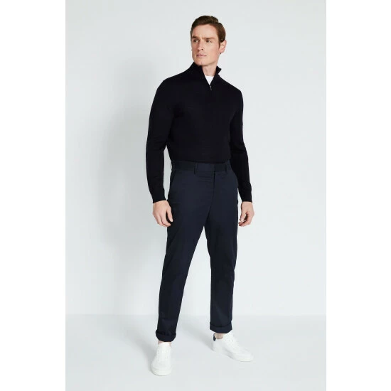 Moss Bros Moss Navy Merino Zip Neck Jumper 2 Moss Bros Moss Navy Merino Zip Neck Jumper - Image 2