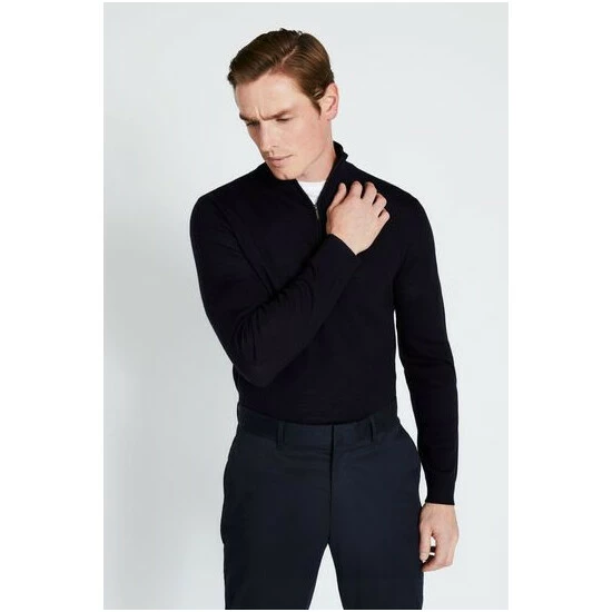 Moss Bros Moss Navy Merino Zip Neck Jumper 5 Moss Bros Moss Navy Merino Zip Neck Jumper - Image 5
