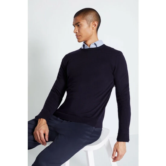 Moss Bros Moss Navy Blue Merino Crew Neck Jumper 1 Moss Bros Moss Navy Blue Merino Crew Neck Jumper