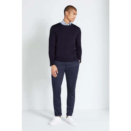 Moss Bros Moss Navy Blue Merino Crew Neck Jumper 2 Moss Bros Moss Navy Blue Merino Crew Neck Jumper - Image 2