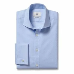 Moss Bros Moss Blue Tailored Fit Sky Dobby Double Cuff Shirt