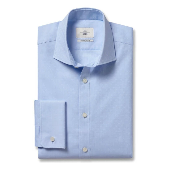 Moss Bros Moss Blue Tailored Fit Sky Dobby Double Cuff Shirt 1 Moss Bros Moss Blue Tailored Fit Sky Dobby Double Cuff Shirt