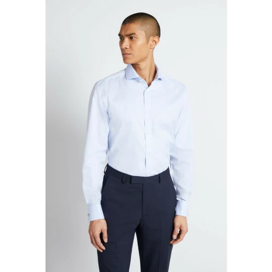 Moss Bros Tailored Fit Sky Blue Double Cuff Non-Iron Twill Shirt 1 Moss Bros Tailored Fit Sky Blue Double Cuff Non-Iron Twill Shirt