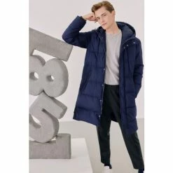 Moss Bros Moss Navy Flannel Long Puffer Jacket