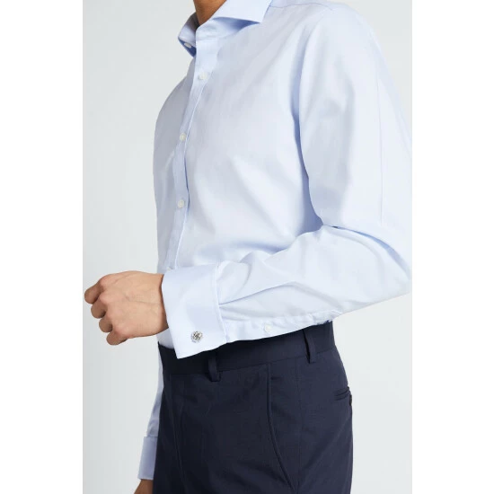 Moss Bros Tailored Fit Sky Blue Double Cuff Non-Iron Twill Shirt 3 Moss Bros Tailored Fit Sky Blue Double Cuff Non-Iron Twill Shirt - Image 3