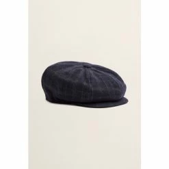 Moss Bros Moss Navy With Brown Overcheck Wool Baker Boy Cap