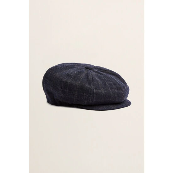 Moss Bros Moss Navy With Brown Overcheck Wool Baker Boy Cap 1 Moss Bros Moss Navy With Brown Overcheck Wool Baker Boy Cap