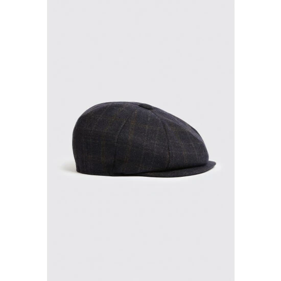Moss Bros Moss Navy With Brown Overcheck Wool Baker Boy Cap 2 Moss Bros Moss Navy With Brown Overcheck Wool Baker Boy Cap - Image 2
