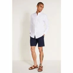 Moss Bros White Tailored Fit Oxford Grandad Collar Shirt