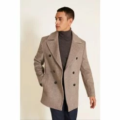 Moss Bros Moss Tailored Fit Oatmeal Herringbone Pea Coat