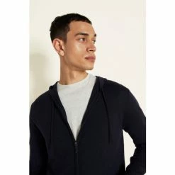 Moss Bros Moss Navy Melange Merino Blend Zip-Up Hoodie -Moss Bros shop unnamed file 1995