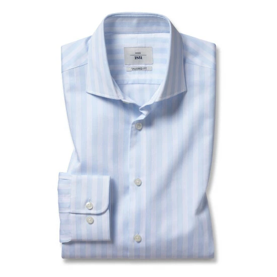 Moss Bros Moss Blue Tailored Fit Egyptian Cotton Sky Stripe Shirt 1 Moss Bros Moss Blue Tailored Fit Egyptian Cotton Sky Stripe Shirt