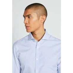Alternative view of Moss Bros Slim Fit Sky Blue Poplin Stripe Non-Iron Shirt