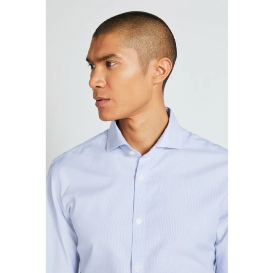 Moss Bros Slim Fit Sky Blue Poplin Stripe Non-Iron Shirt 2 Moss Bros Slim Fit Sky Blue Poplin Stripe Non-Iron Shirt - Image 2