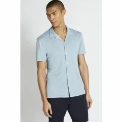 Moss Bros Moss Tailored Fit Ice Blue Cuban Collar Shirt