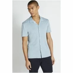 Moss Bros Moss Tailored Fit Ice Blue Cuban Collar Shirt -Moss Bros shop unnamed file 258
