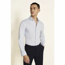 Moss Bros Moss Blue Slim Fit Sky Dobby Double Cuff Stretch Shirt