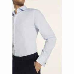 Alternative view of Moss Bros Moss Blue Slim Fit Sky Dobby Double Cuff Stretch Shirt