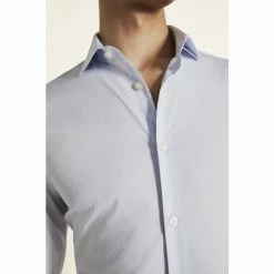Moss Bros Moss Blue Slim Fit Sky Dobby Double Cuff Stretch Shirt -Moss Bros shop unnamed file 277