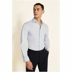 Moss Bros Moss Blue Slim Fit Sky Dobby Double Cuff Stretch Shirt -Moss Bros shop unnamed file 278