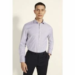 Moss Bros Tailored Fit Taupe Puppytooth Single Cuff Shirt