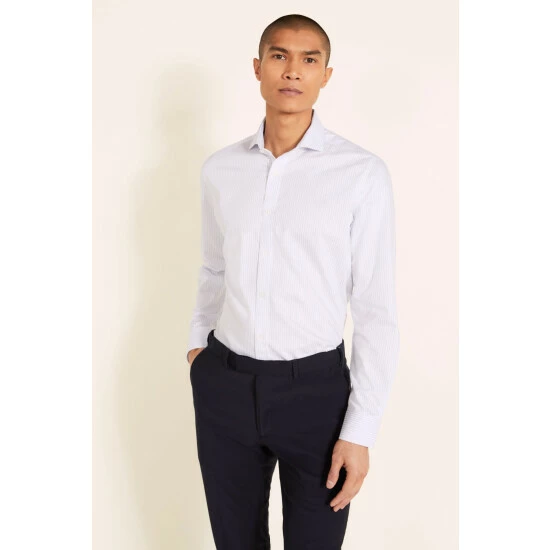 Moss Bros Tailored Fit Sky Blue Single Cuff Twill Stripe Non-Iron Shirt 1 Moss Bros Tailored Fit Sky Blue Single Cuff Twill Stripe Non-Iron Shirt