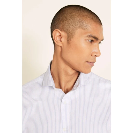 Moss Bros Tailored Fit Sky Blue Single Cuff Twill Stripe Non-Iron Shirt 2 Moss Bros Tailored Fit Sky Blue Single Cuff Twill Stripe Non-Iron Shirt - Image 2