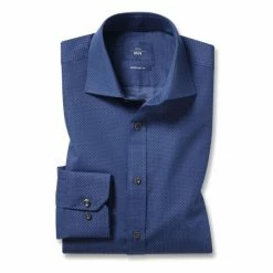 Moss Bros Moss Mens Blue Regular Fit Dark Ground Spot Print Single Cuff Shirt