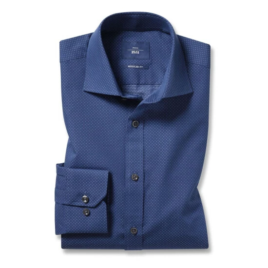 Moss Bros Moss Mens Blue Regular Fit Dark Ground Spot Print Single Cuff Shirt 1 Moss Bros Moss Mens Blue Regular Fit Dark Ground Spot Print Single Cuff Shirt