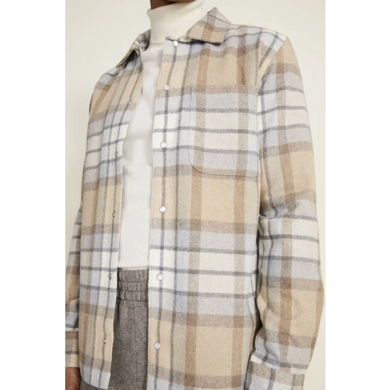 Moss Bros Moss Tailored Fit Neutral Check Overshirt 2 Moss Bros Moss Tailored Fit Neutral Check Overshirt - Image 2